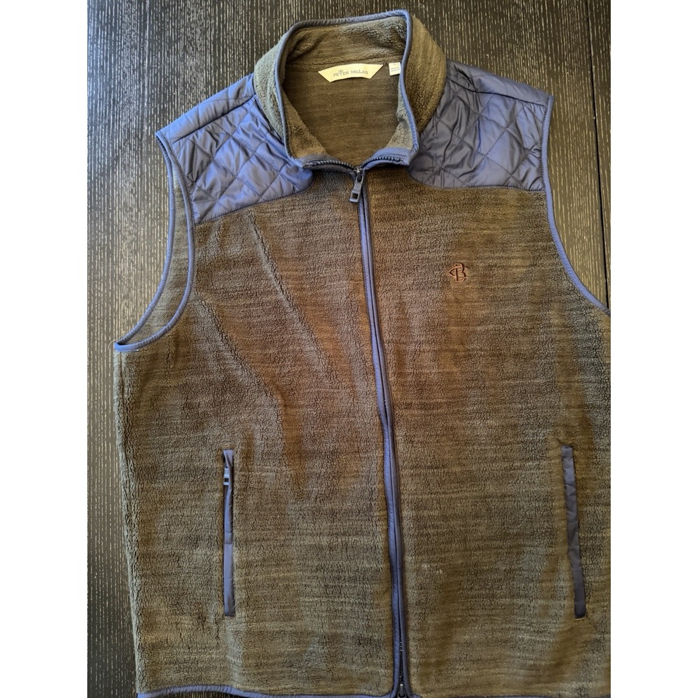 Peter Millar Mens Olive Navy Quilted Fleece Full Zip Vest L
